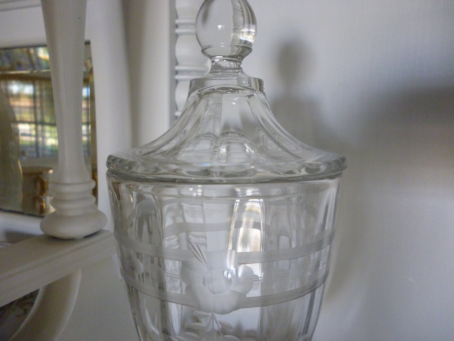 Beautiful Etched Glass Apothecary Jar Candy by nanciesvintagenest