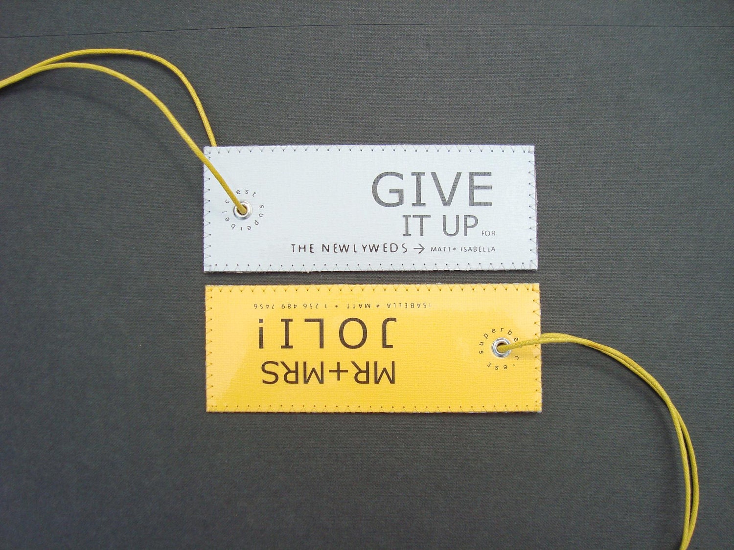 Quirky wedding gift  - SET of 2 custom leather Luggage Tags cheering The Honeymooners on.