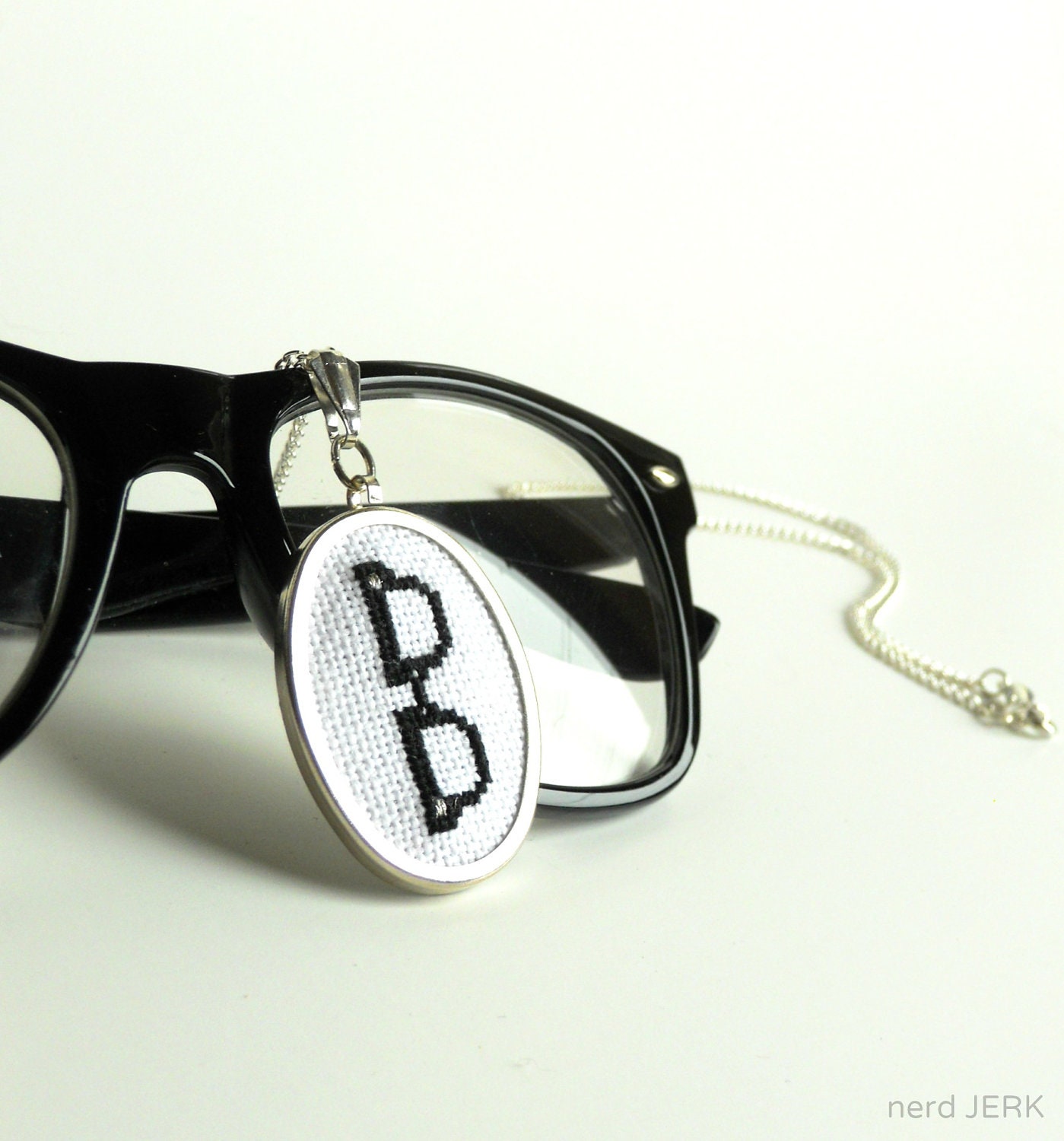 Black Buddy Holly Wayfarer Glasses - Cross-Stitch Pendant Necklace - Geek Chic - MADE TO ORDER