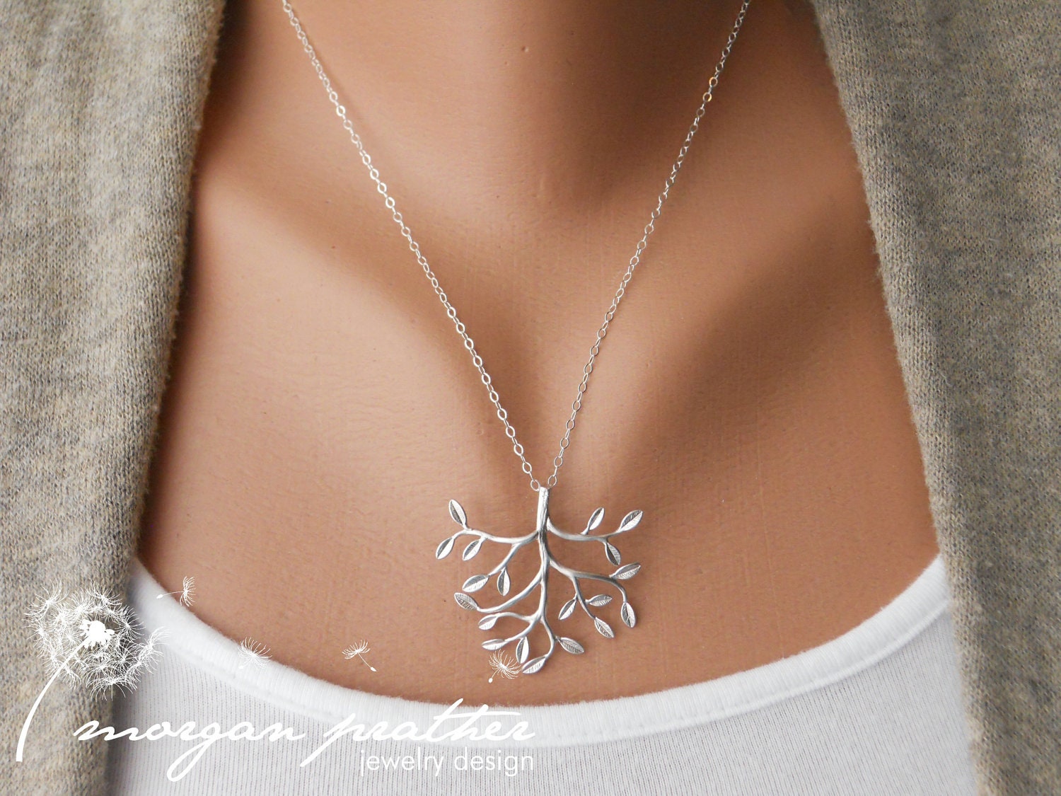 Tree Necklace - silver grey white tree delicate pendant - sterling silver chain - morganprather