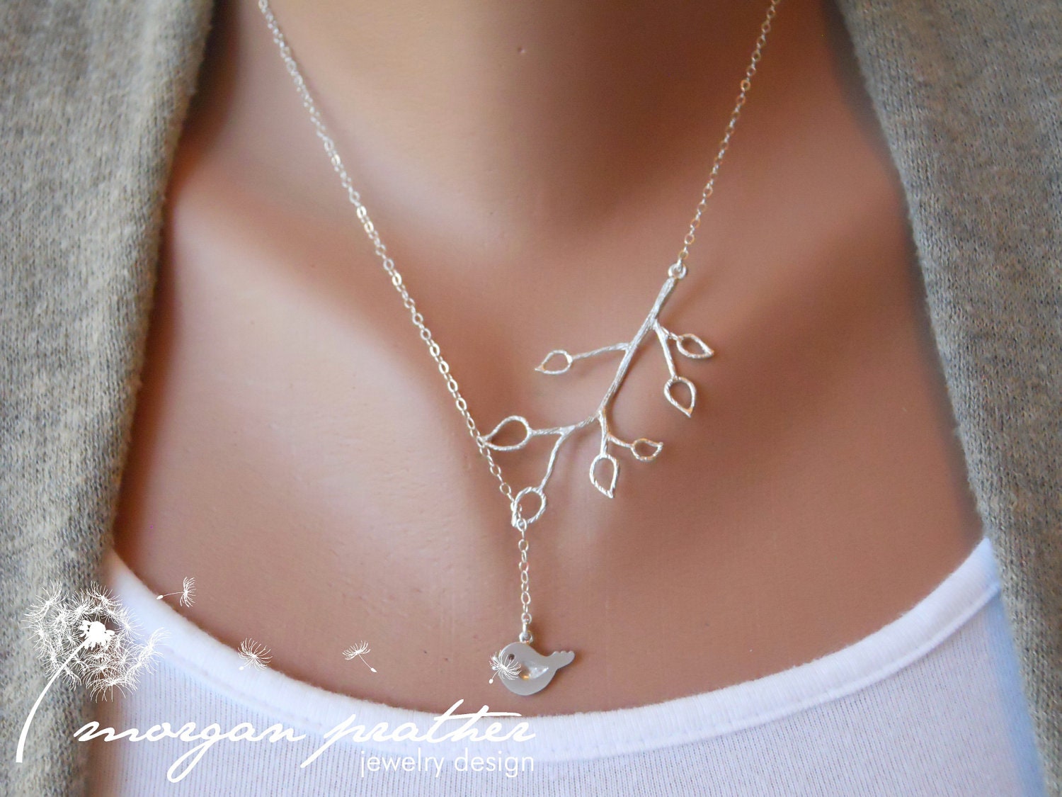 Bud Branch and Little Bird Lariat - silver grey white dainty pendants - sterling silver chain - morganprather