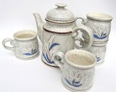 Coffee Pot and 4 Mugs Stoneware White Flowers
