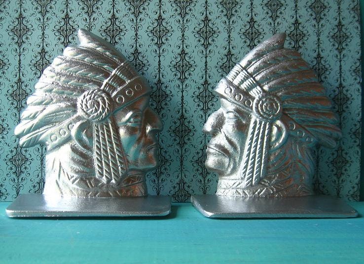 Cast Iron Native American Indian Bookends in Silver
