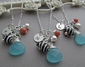Beach Wedding Personalized Bridesmaids Gift Set of THREE Sea Shell Coral Necklaces, Custom Birthstone, Sterling, Hand stamped jewelry