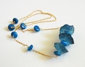 Teal Blue Quartz Hammered Nugget And Kyanite Blue  Necklace in Sterling Silver -Blue Necklace - Statement Necklace