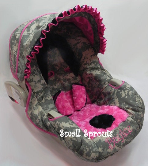 Custom Boutique ACU Digital Camo with Hot Pink & Black Minky Infant Car Seat Cover 5 piece set