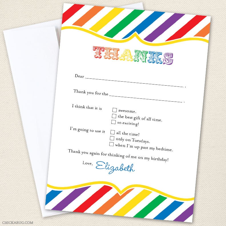 Rainbow party - Set of 15 custom thank you cards - Printable file also available