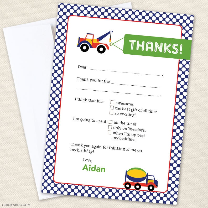 Trucks party - Set of 15 custom thank you cards - Printable file also available