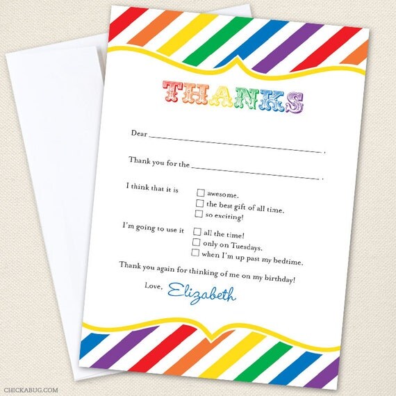 Rainbow party - Set of 15 custom thank you cards - Printable file also available Il_570xn