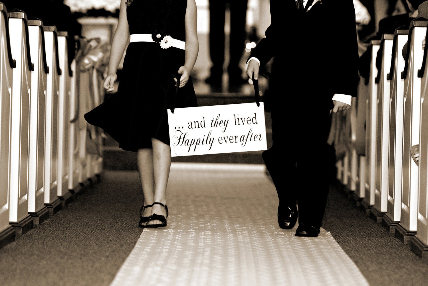 Bridal Sign, Here Comes the Bride Sign with And they lived Happily ever after on back. 8 X 16 inches, 2-Sided.  Flower Girl, Ring Bearer.