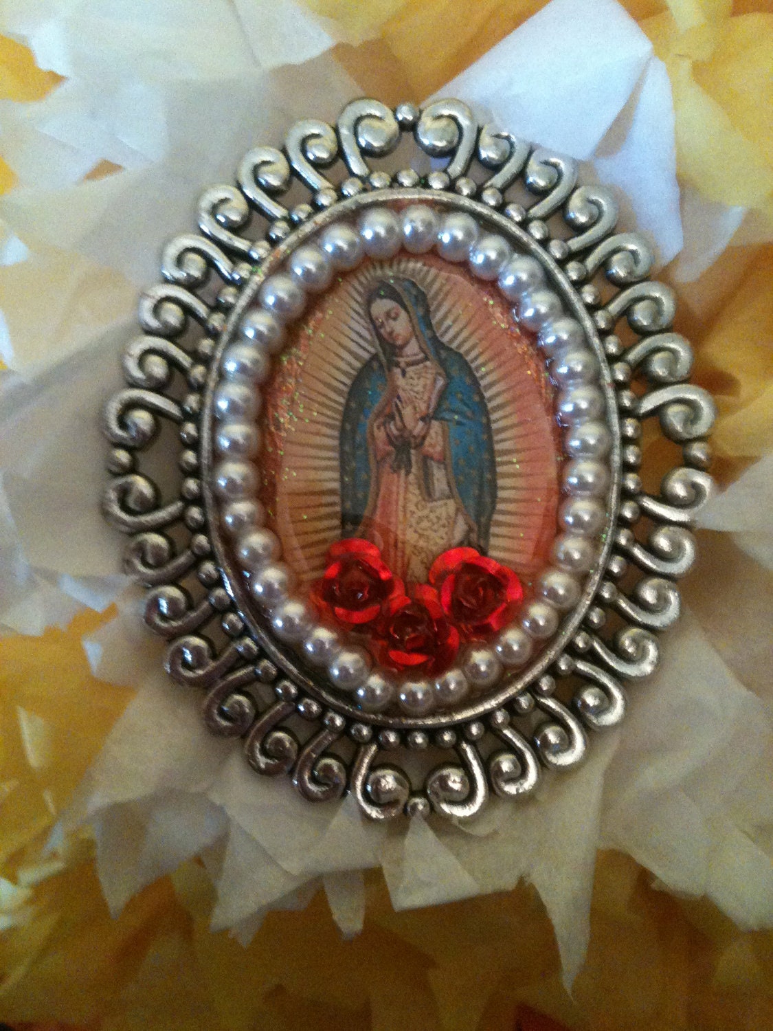 Beautiful Orange Our Lady of Guadalupe Mexican Nicho Silver Brooch