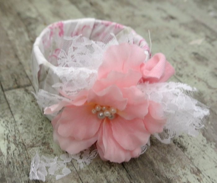 womens bracelet, romantic fabric bangle, shabby chic cuff, rose embellished bracelet, pink french country, victorian, marie antoinette