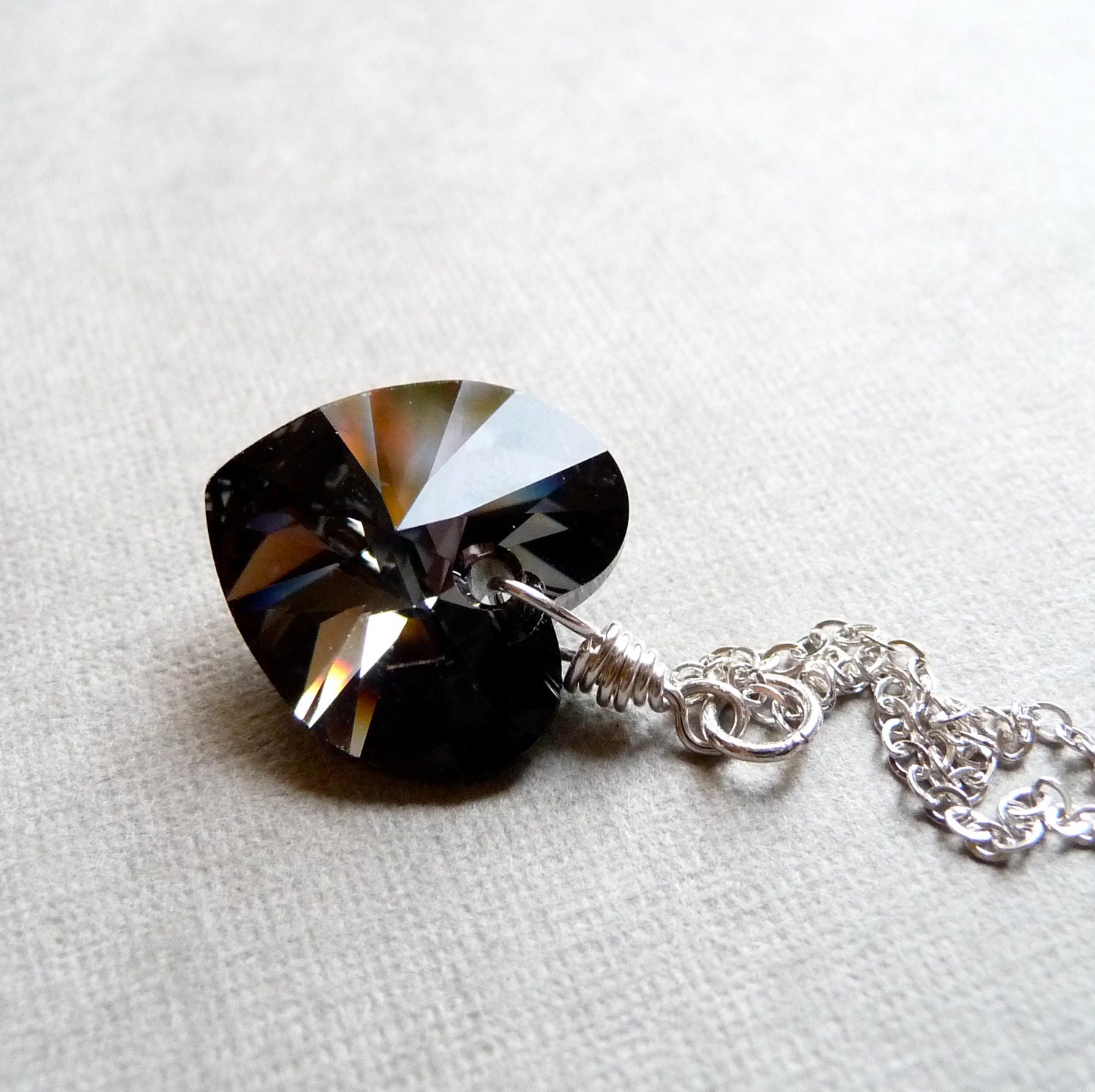 Swarovski Crystal Necklace, Valentines Day Necklace, Black Heart Necklace, Sterling Silver Chain Necklace, Under 50