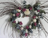 Seashell Wreath, Twig Wreath, Heart Shape, With Pink Dried Roses, Sea Glass And Eucalyptus
