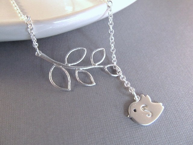 Initial Necklace, Silver Branch and Bird, Lariat Necklace, Engraved Jewelry, Personalized Necklace, Graduation Gift