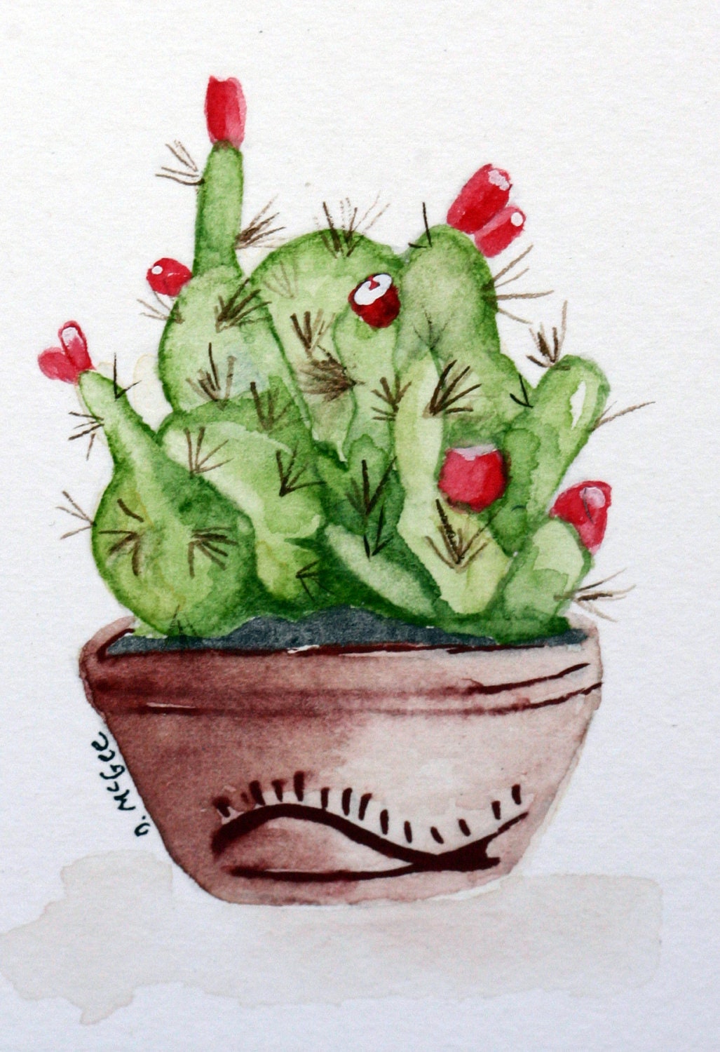 Little Cactus watercolor, southwestern, plant, small art, matted, original, green, terra cotta, red