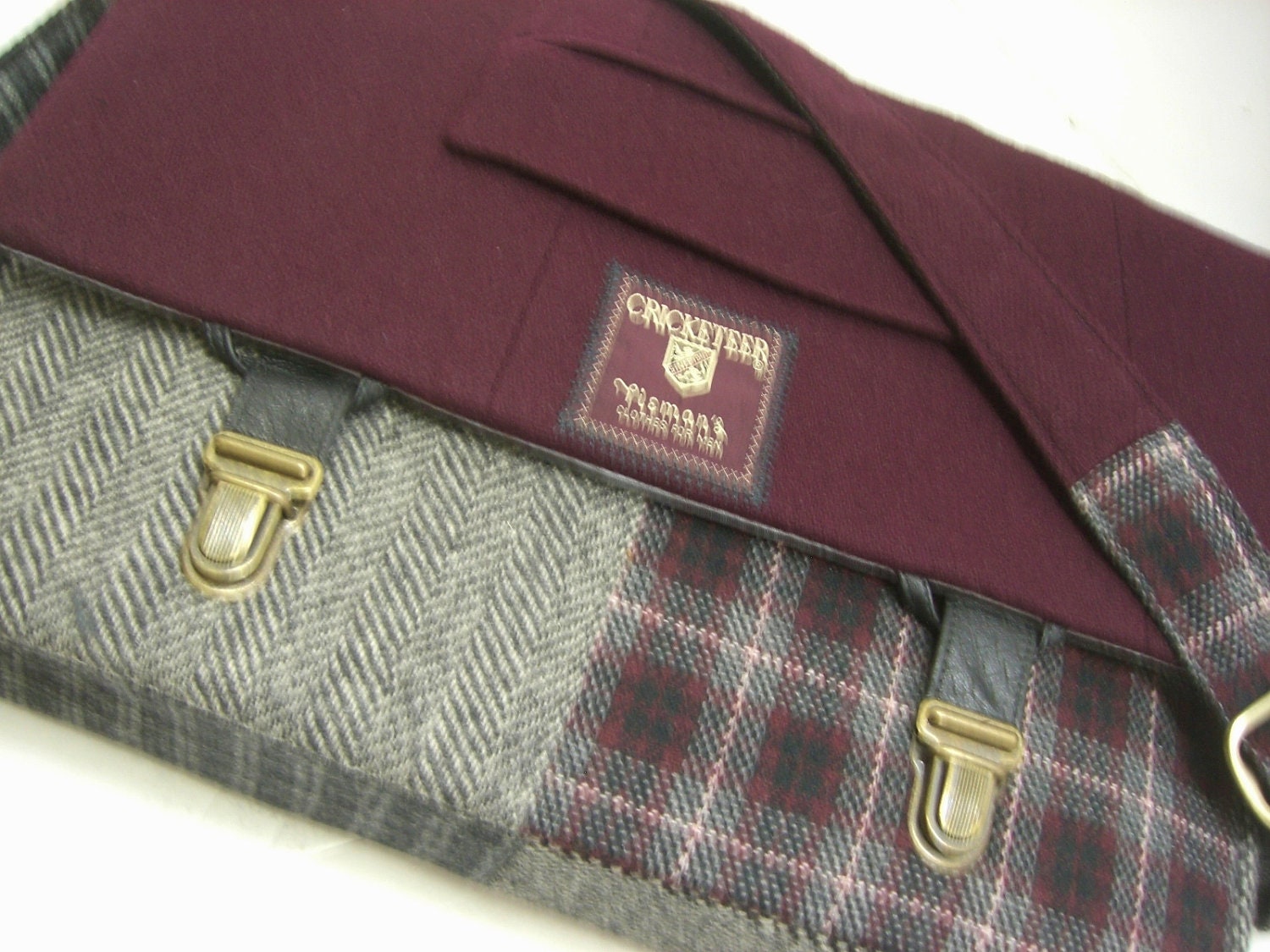 Berry Black Plaid Wool Messenger Bag  Laptop Sleeve,Trunk Latch,Recycled Suit Coat