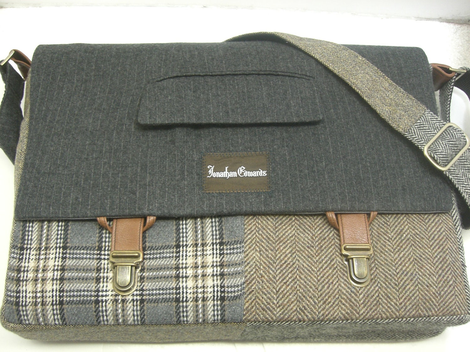 Messenger Bag , Laptop Sleeve, tote bag, Trunk Latch,  Large, grey plaid wool,cycled Suit Coat,