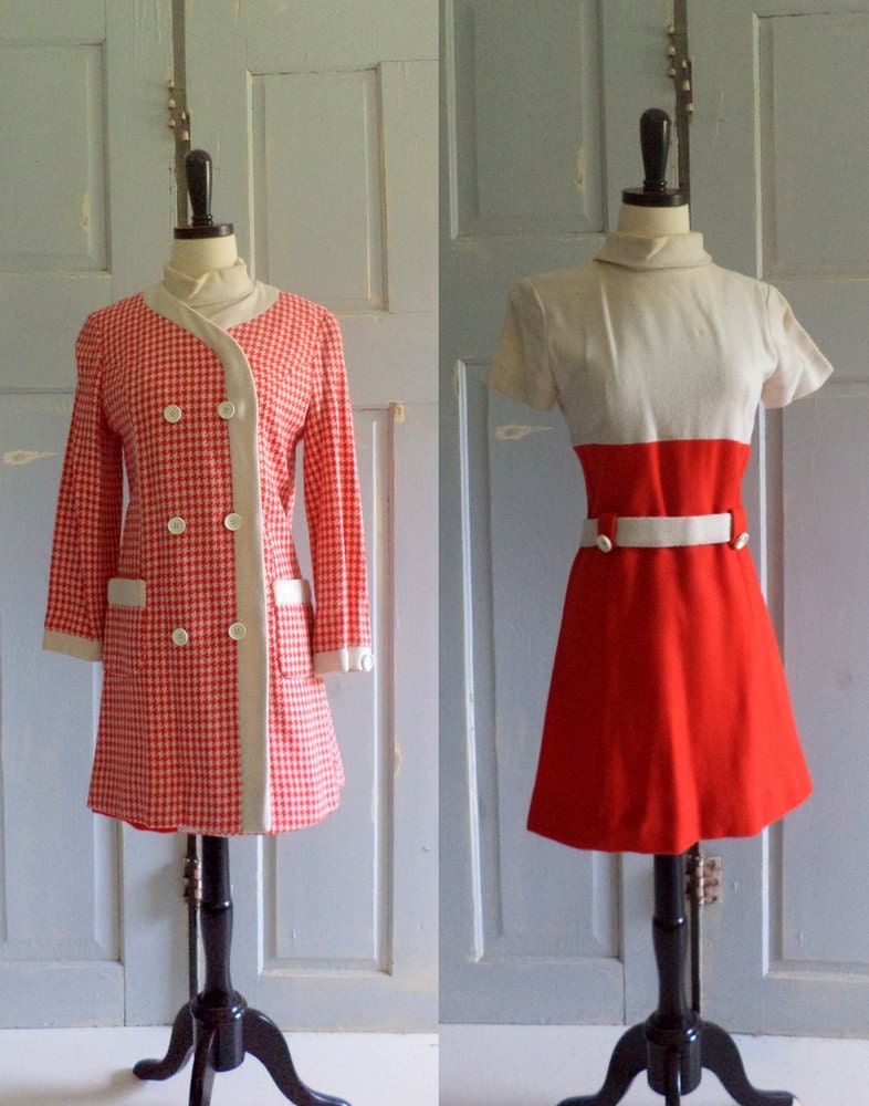 1960s Mod Vintage Dress Tomato Red Mini Dress and Jacket Womens Fall Fashion Size Small