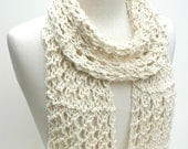 Cotton/ Llama Scarf/ Hand Knit- Cream/ White