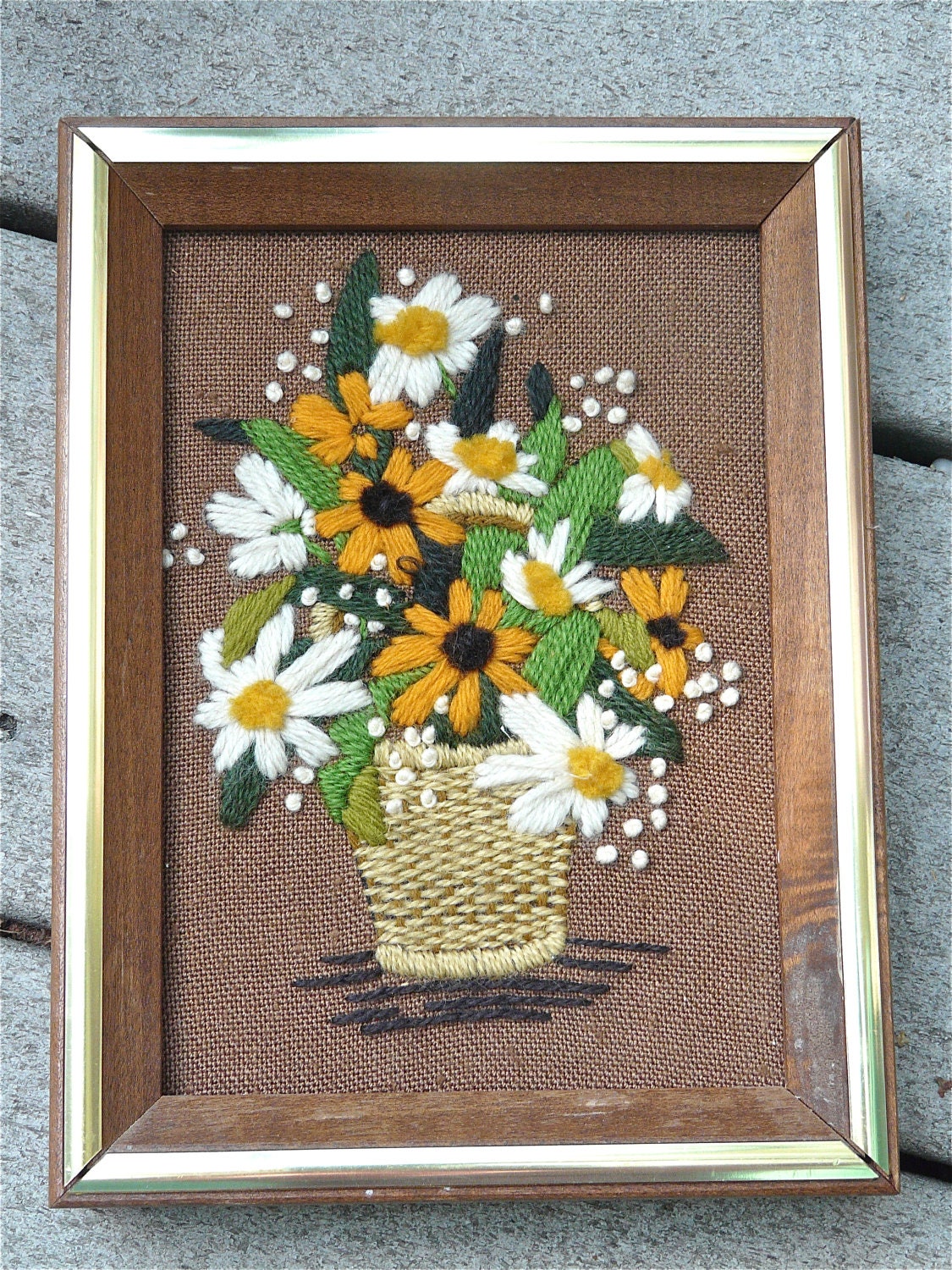 Basket of Loveliness Vintage Embroidery Needlework Wall Hanging- original frame