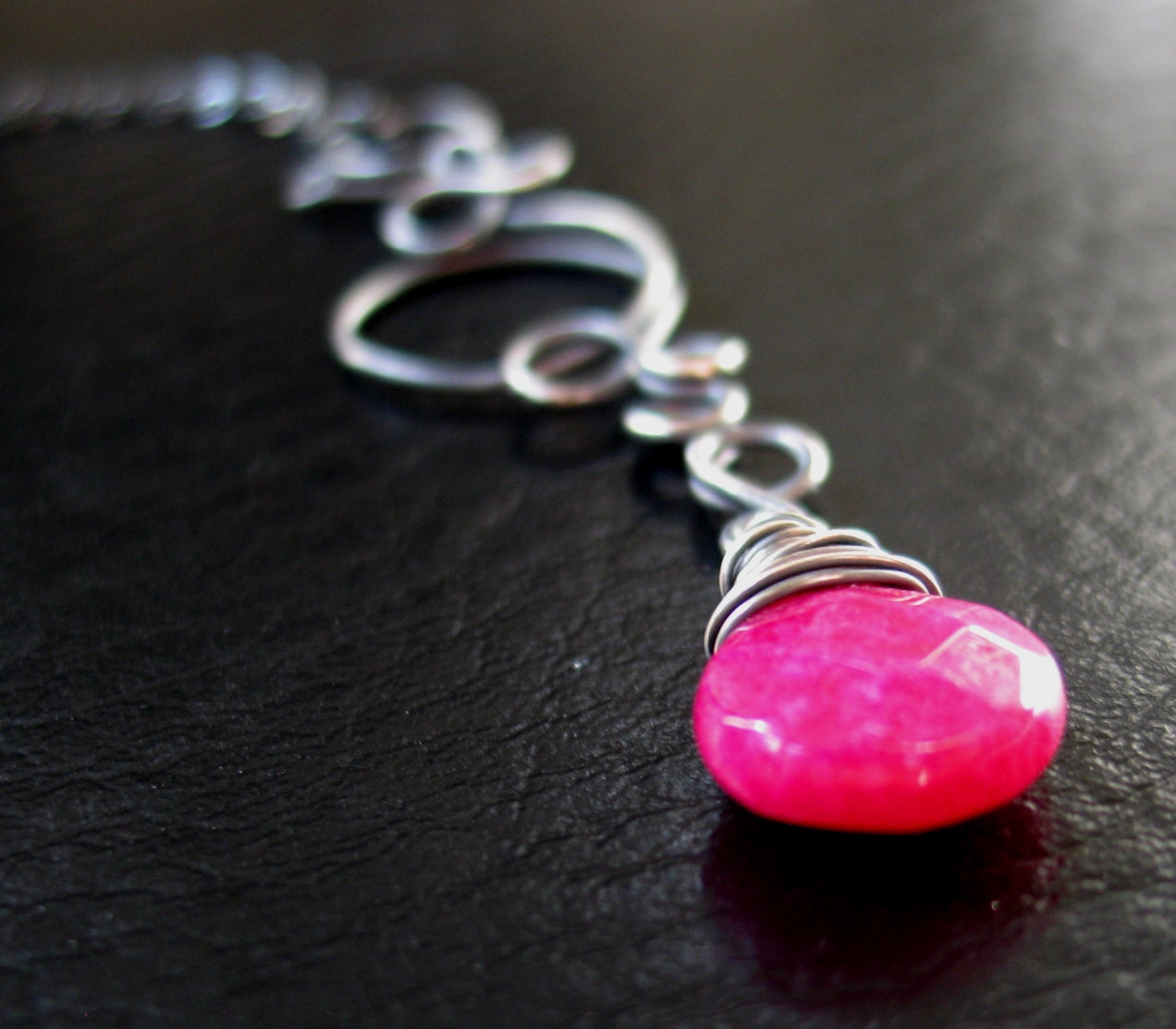 Pink Teardrop Necklace, Raspberry Candy Jade & Oxidized Sterling Silver, Handmade Wrapped Jewelry, Gift For Her