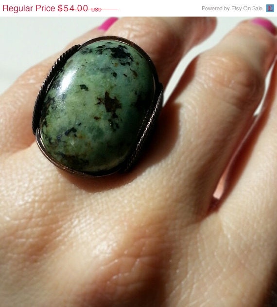 SALE Sage Green Ring, Wasabi, Jasper Stone, Summer Jewelry, Handmade Statement Ring, Leaf, Dark Metal Setting, Oxidized Copper, Summer Fash
