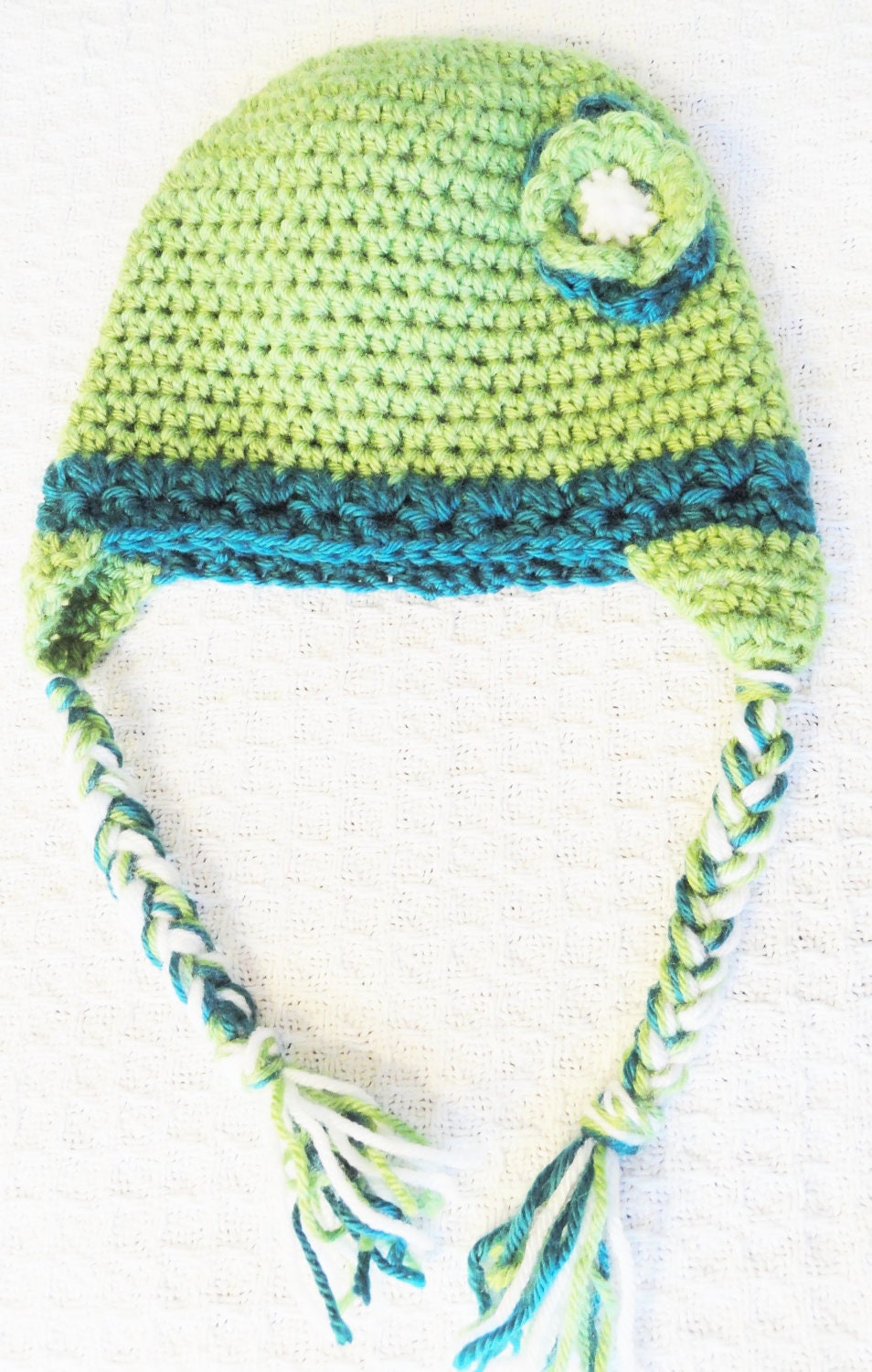 Chartreuse Green Teal Adult Beanie with Flower and Ear Flap Tassels By Distinctly Daisy