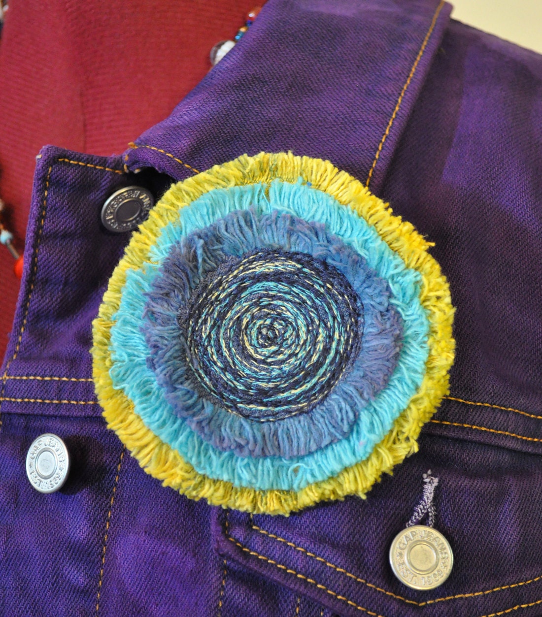 Dyed Fringed Denim Brooch PIN CLIP - Navy Aqua Yellow Denim Circle Corsage Brooch Pin Hair Clip