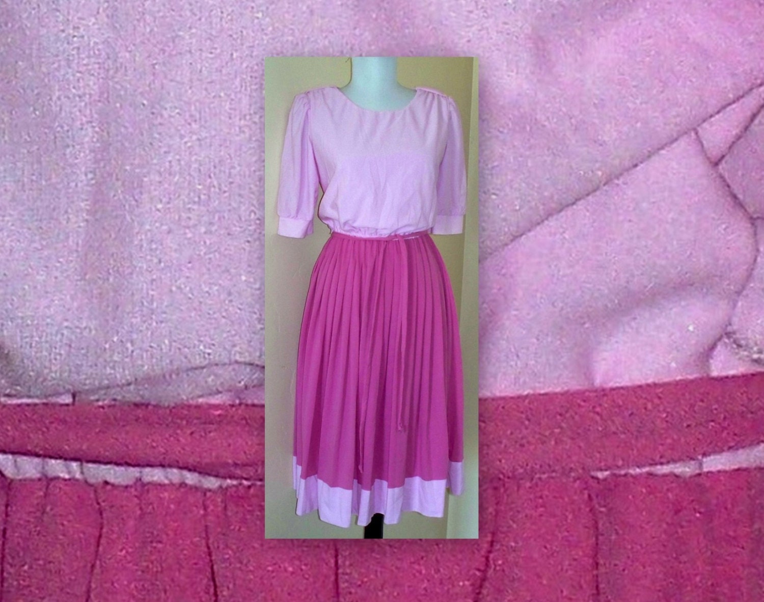 80s Vintage Avon pink delight secretary dress - pleated skirt - matching belt -  nice and clean
