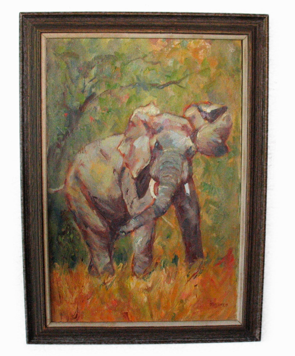 Vintage Abstract Elephant Painting - Signed  mid century modern painting