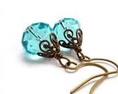 Aqua Earrings, Petite Drop Earrings, Bronze Filigree, Victorian Style, Bridal Jewelry, Aquamarine