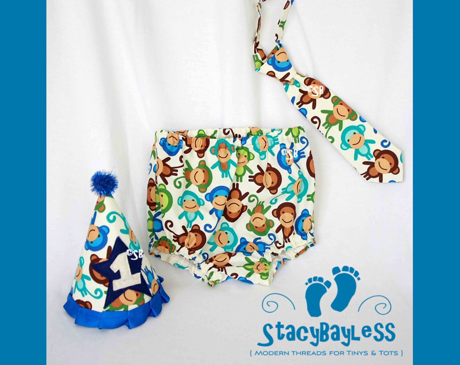 Mod Monkey Party Hat - Diaper Cover - Necktie for 1st Birthday Cake Smash - ORIGINAL Design by StacyBayless