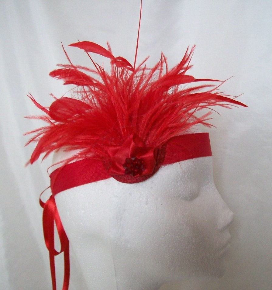 Poppy Red Feather & Crystal Pearl 1920's Flapper Style Ribbon Tie Bridal Headband Fascinator - Custom Order Made to Order