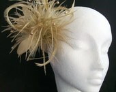 Pale Gold Nude Beige Mixed Feather & Crystal Pearl Wedding Races Fascinator Hair Comb - Custom Made to Order