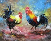 Roosters 18 X 18 Original Oil Painting, rooster paintings, kitchen art, chicken paintings, palette knife, portrait, rooster art, home decor