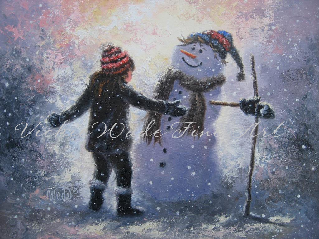 Snowman and Girl Original Oil Painting, girls room, kids decor, snowman paintings, childrens art, Vickie Wade art, canvas