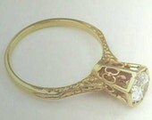 Antique Art Nouveau Edwardian Engagement Ring Setting Mounting 14K Yellow Gold Filigree for .80 to One 1 Ct. Cts. Carat Diamond
