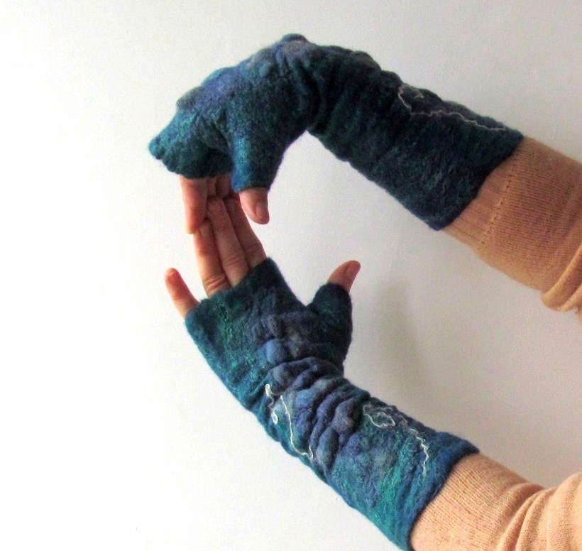 Felted Mittens fingerless gloves  -  turquoise blue teal