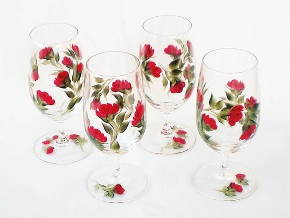 Hand Painted Iced Tea Glasses, Red Roses, Fresh Green Leaves, Set of 4 - Housewarming Gift  Ice Tea Water Beverage Goblet
