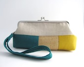 Wristlet frame clutch purse- stripe patchwork- teal yellow - thezakka