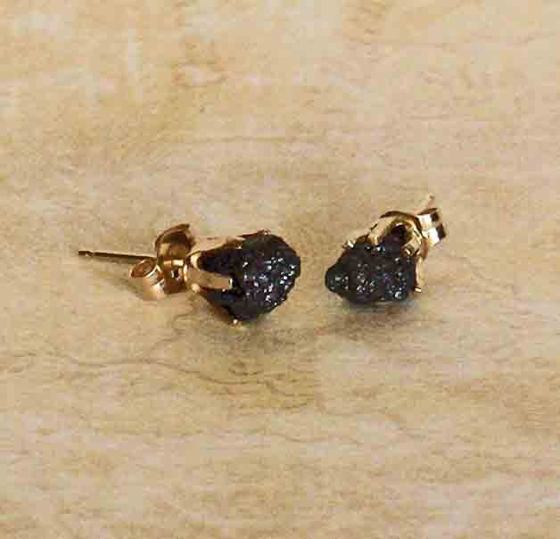 Black Diamond Gold Stud Earrings - Rough Uncut Black Diamonds in 14K Gold Post and Prong Setting Earrings