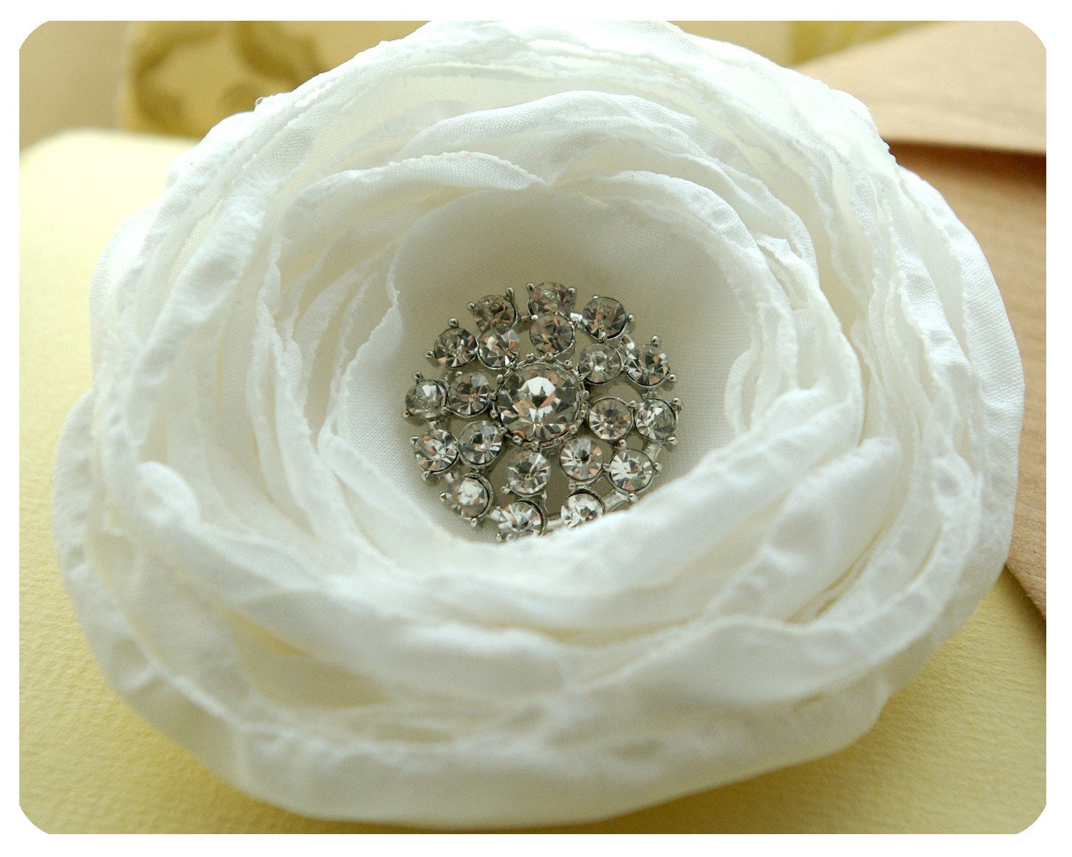 White Chiffon Bridal hair flower - Bridal Hair Bobby Pin - Classic White and crystal rhinestones