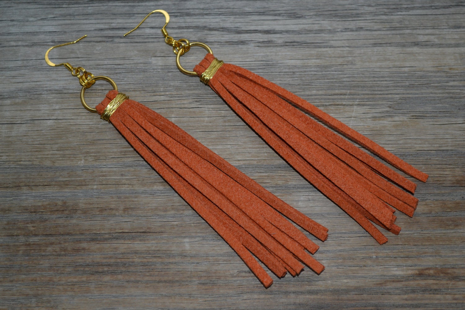 Orange Suede Fringe Earrings w/ Gold Wire & Hooks