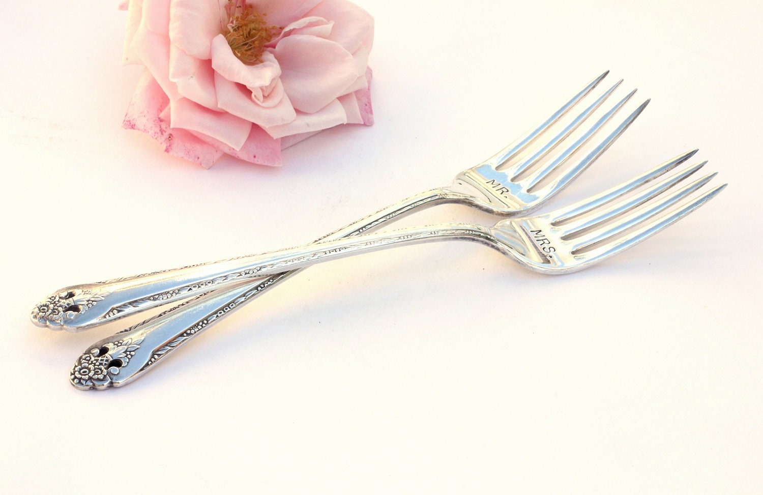 Mr. & Mrs. Forks. Wedding Forks Hand Stamped Wedding  Flatware Lovely Lady 1930s