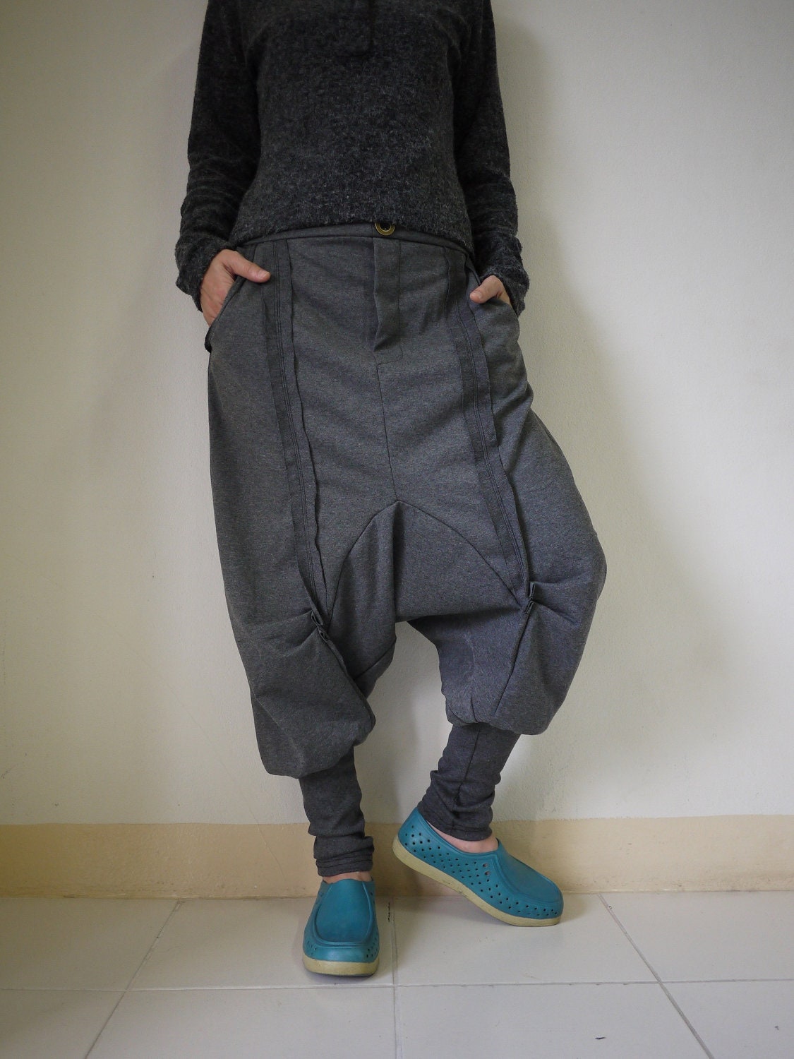 Unisex Ninja Harem Funky Stretch Cotton Mix Polyester Dark Heather Grey Pants With 2 Pockets