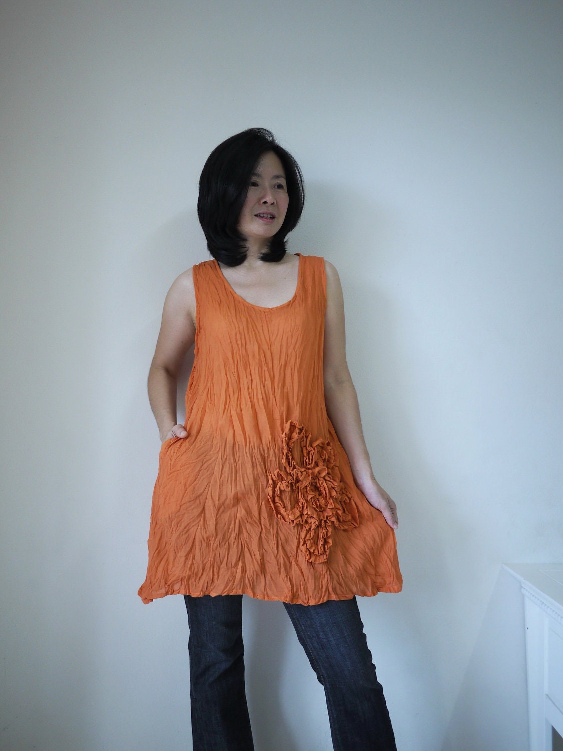 Summer Chic - Sleeveless Scoop Neck Boho Floral Applique Blouse Hand Dyed In Orange