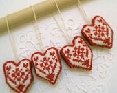 Miniature Valentine Redwork Heart Ornaments