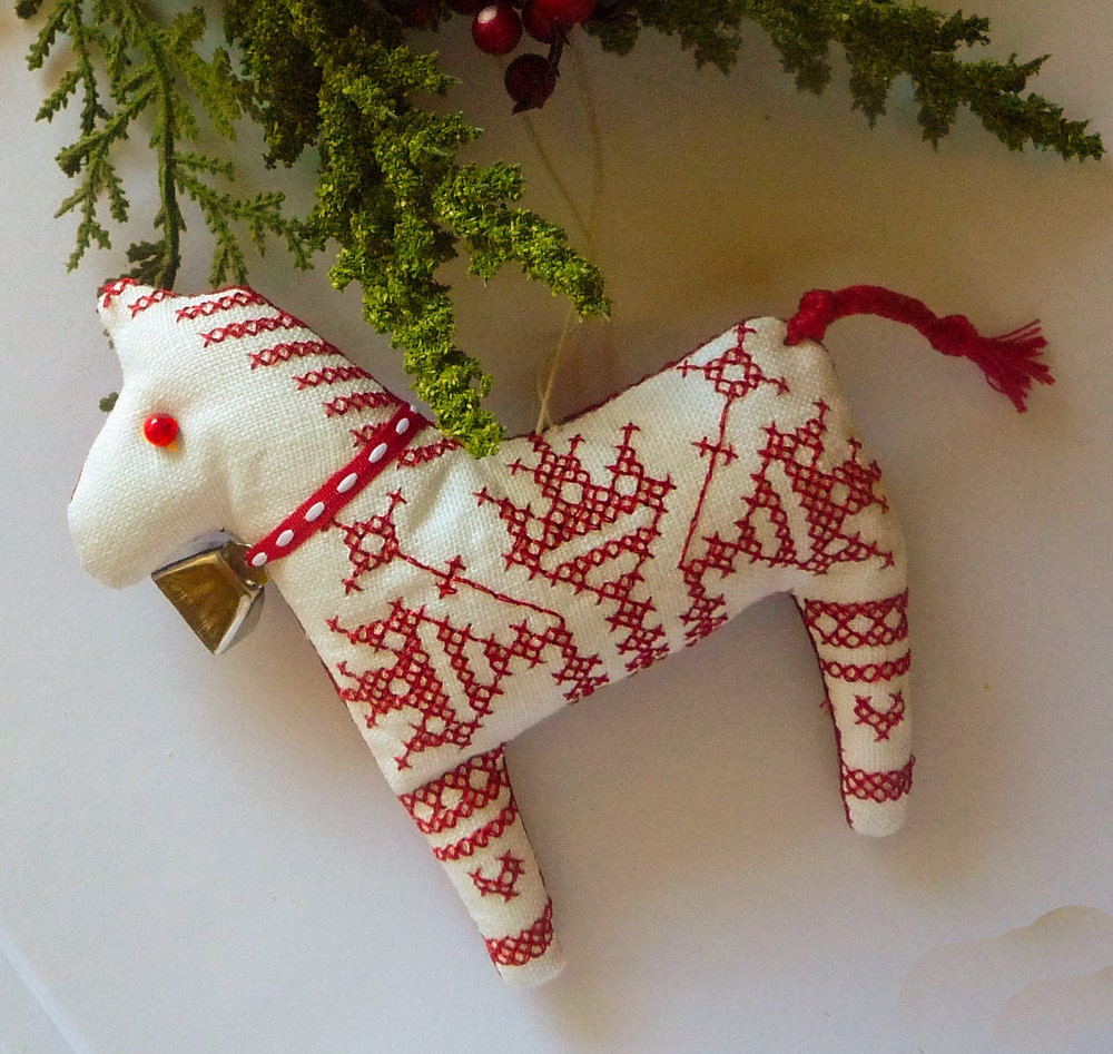 Redwork Linen Dala Horse Swedish Christmas Ornament