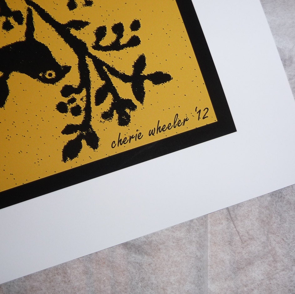 Black Bird Wreath Block Print